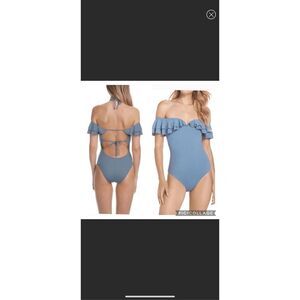 BEECA by Rebecca Virtue steel blue tiered ruffle off the shoulder swimsuit